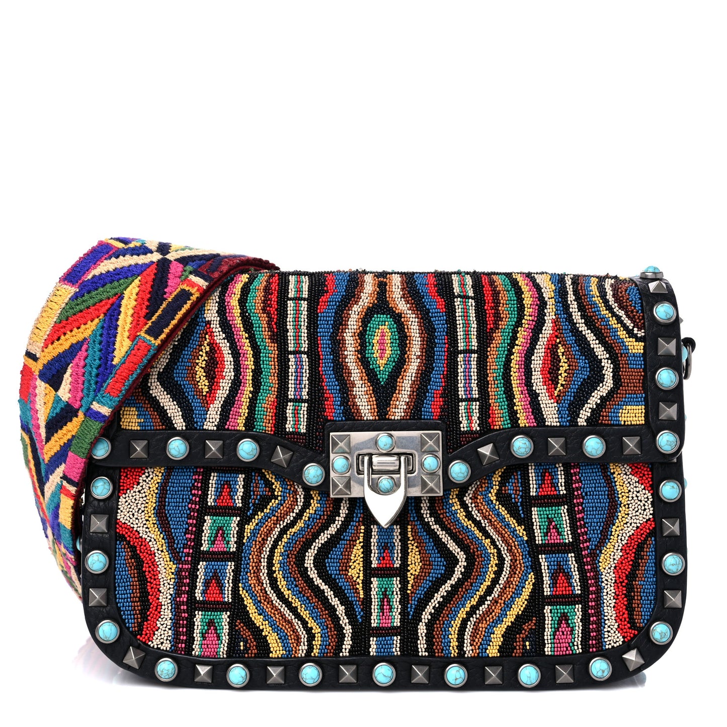 Pebbled Calfskin Beaded Medium Guitar Strap Rockstud Rolling Flap Saddle Bag Black