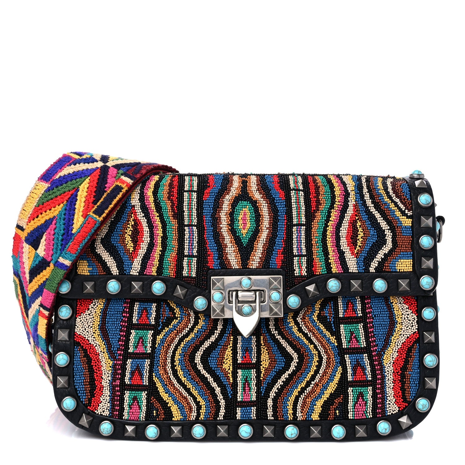 Valentino Garavani Pebbled Calfskin Beaded Medium Guitar Strap Rockstud Rolling Flap Saddle Bag Black 1 of 8