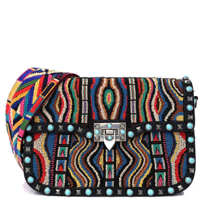 Valentino Garavani Pebbled Calfskin Beaded Medium Guitar Strap Rockstud Rolling Flap Saddle Bag Black 1 of 8