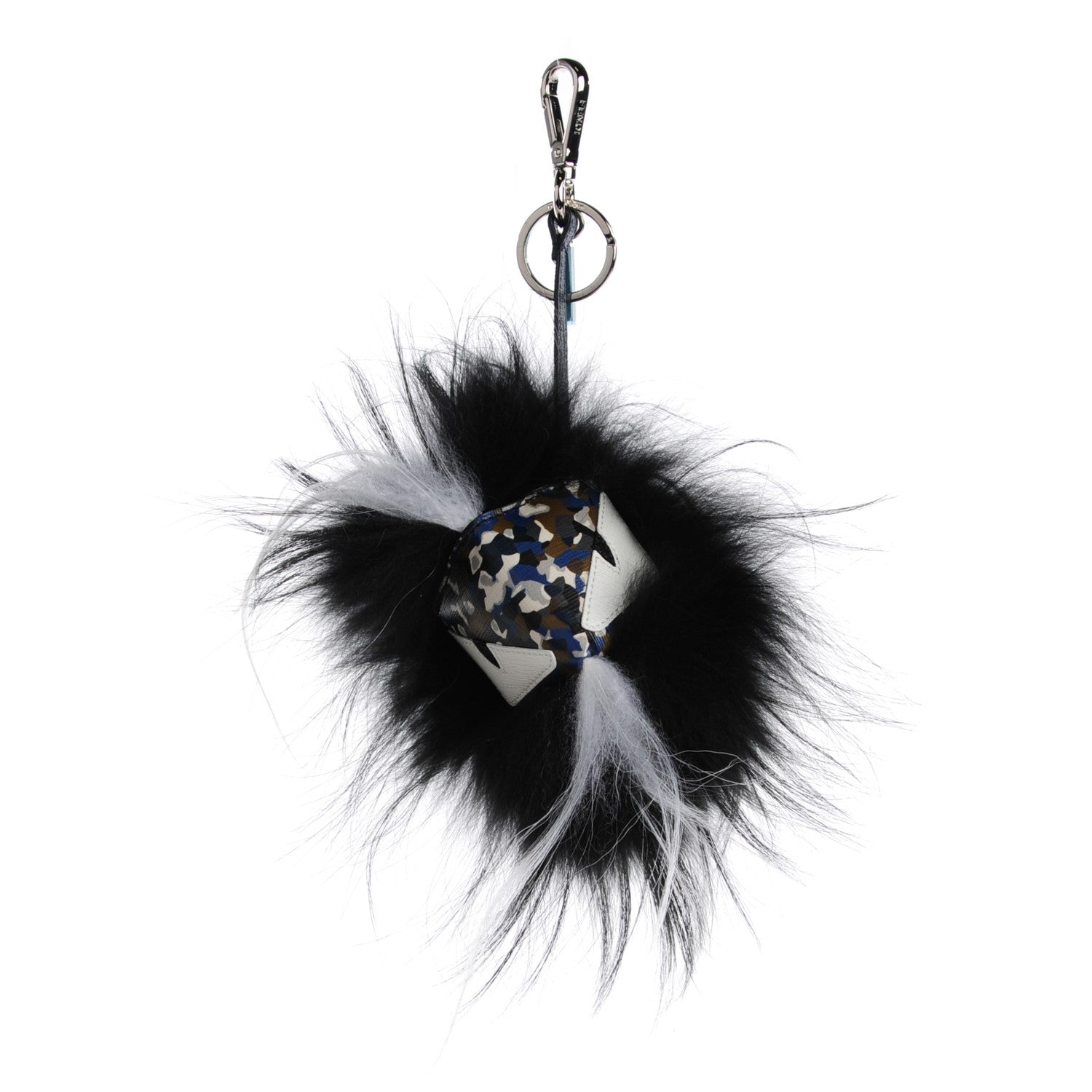 Fendi Vitello Elite Fox Goat Fur Granite Monster Bag Bug Cube Charm Military Denim Multicolor 2 of 12