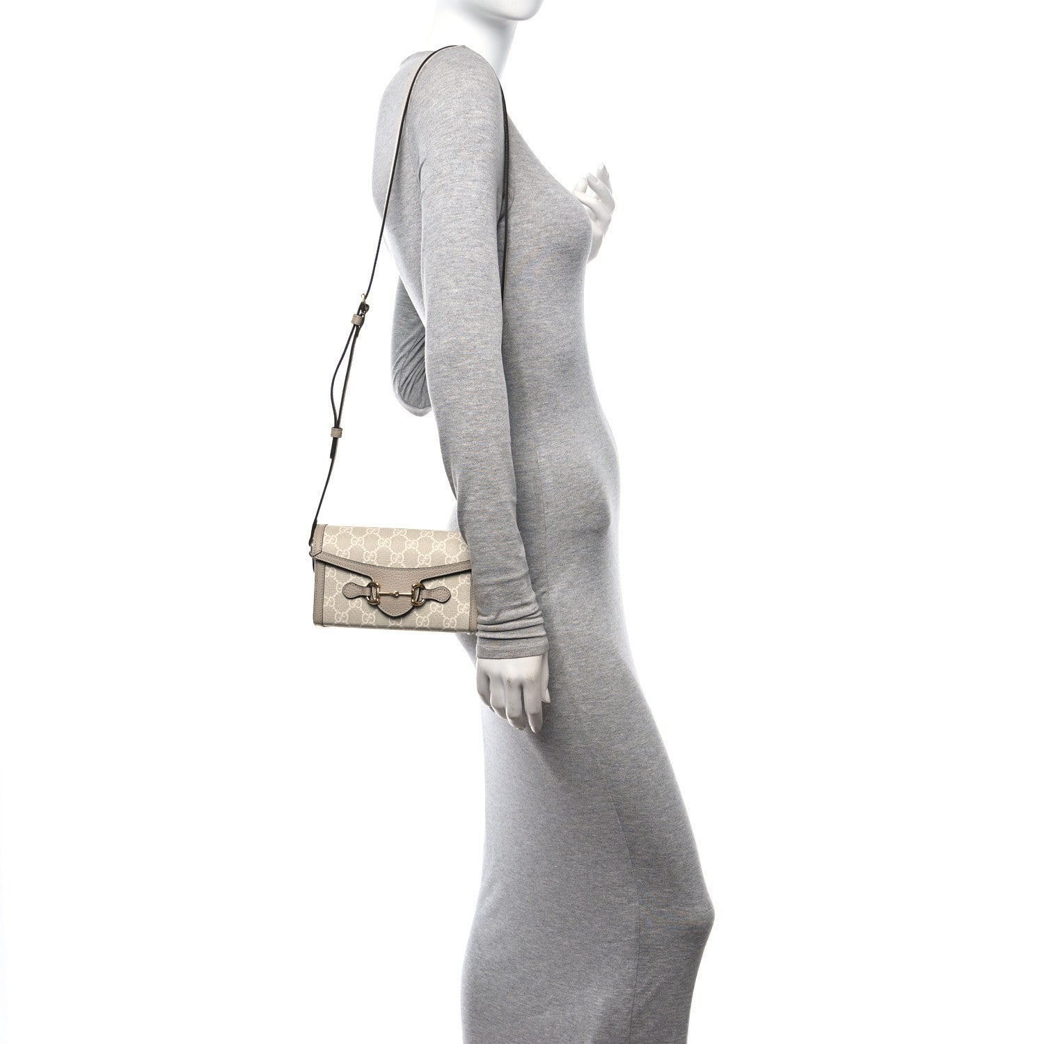 Gucci GG Supreme Monogram Textured Dollar Calfskin Mini Horsebit 1955 Shoulder Bag Beige Mystic White Oatmeal 2 of 16