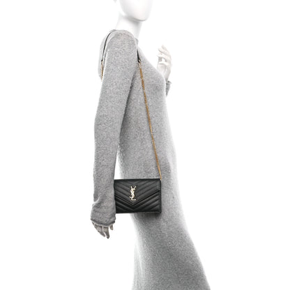 Saint Laurent Grain De Poudre Matelasse Chevron Monogram Envelope Chain Wallet Black 3 of 9