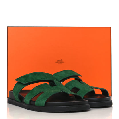 Hermes Suede Goatskin Womens Chypre Sandals 37.5 Vert Electrique 9 of 9