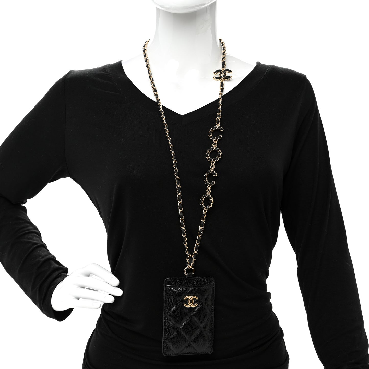 Caviar Quilted Miss Coco Card Holder On Chain Black