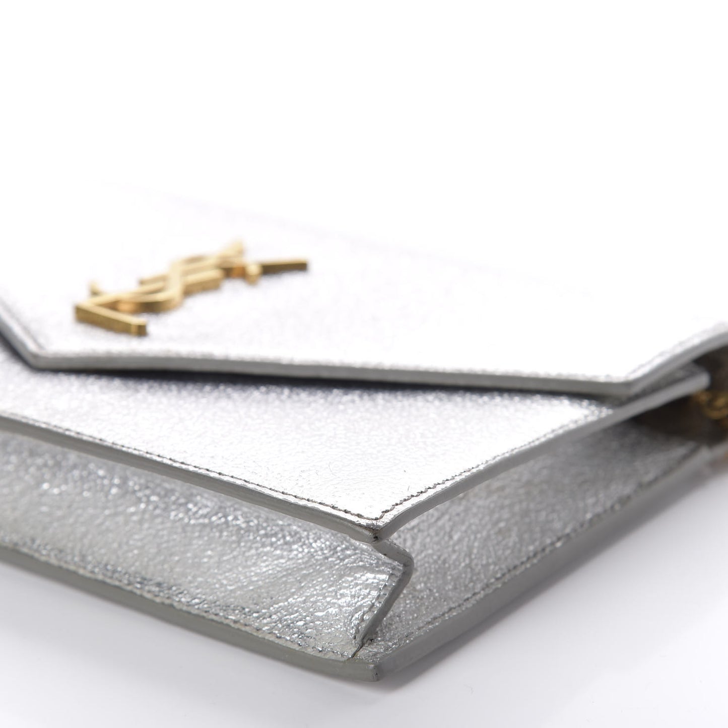 Metallic Calfskin Monogram Envelope Chain Wallet Platine