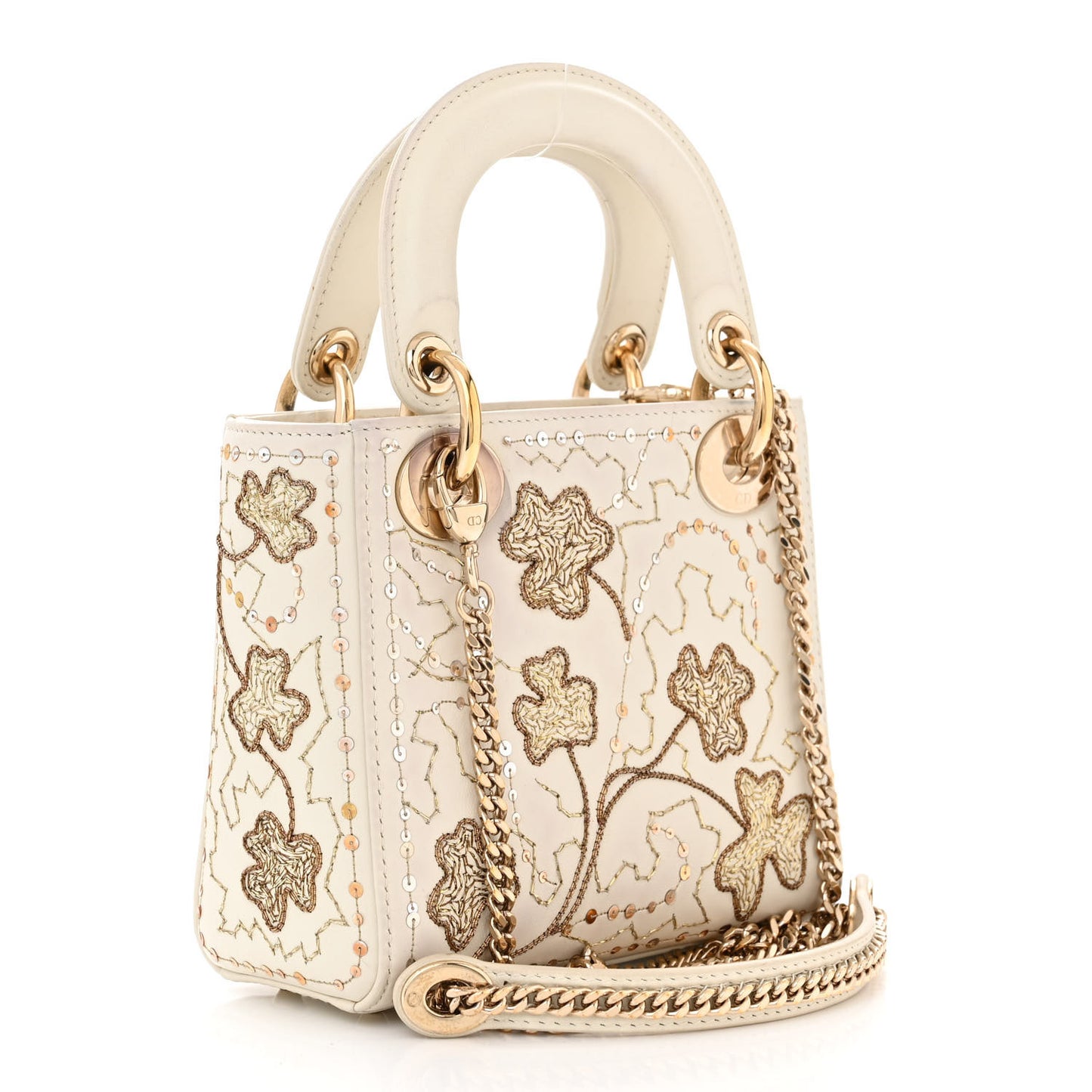 Smooth Calfskin Sequin Embroidered Clover Mini Lady Dior White
