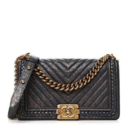 Chanel Patinated Caviar Chevron Braided Medium Boy Flap Navy Blue 1 of 10