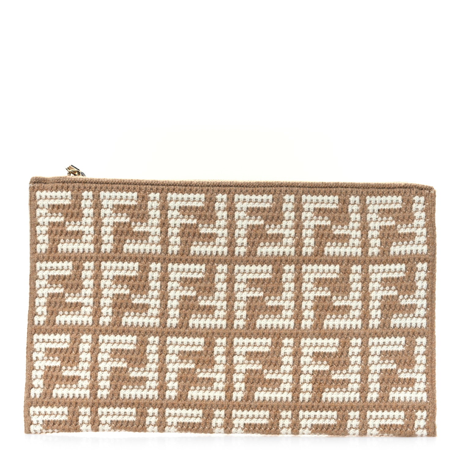 Fendi Fabric Calfskin FF Woven Large Flat Pouch Cammello 1 of 9