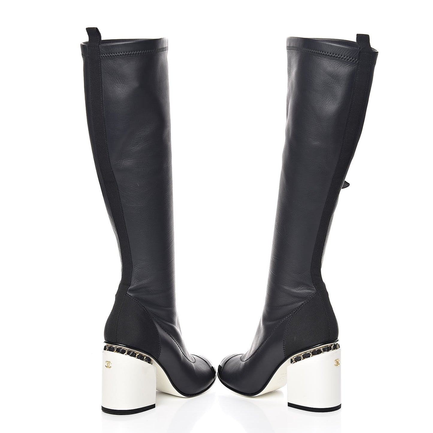 Calfskin Patent Grosgrain Chain Cap Toe High Boots 35 Black White