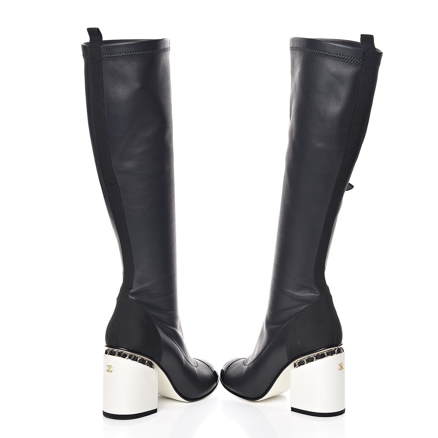 Chanel Calfskin Patent Grosgrain Chain Cap Toe High Boots 35 Black White 8 of 13