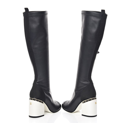Chanel Calfskin Patent Grosgrain Chain Cap Toe High Boots 35 Black White 8 of 13