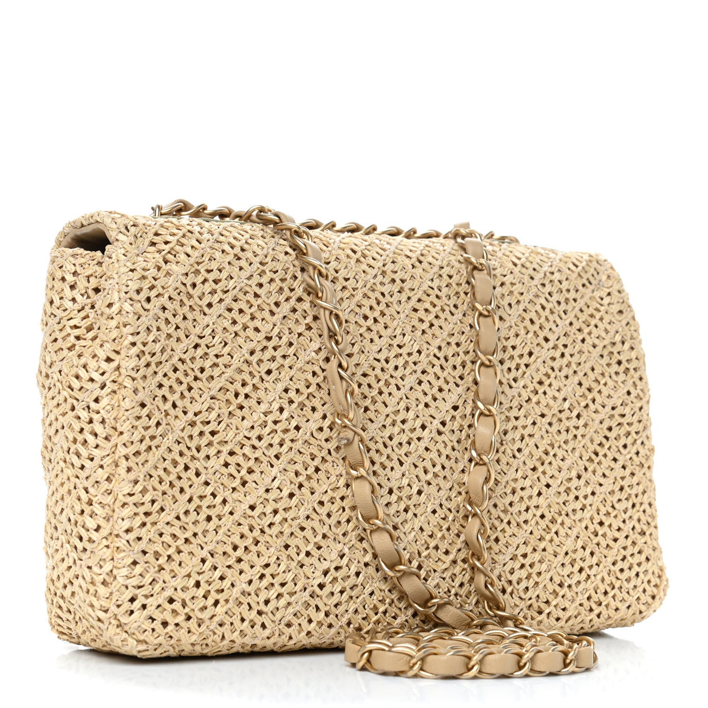 Raffia Crochet Medium Single Flap Bag Beige