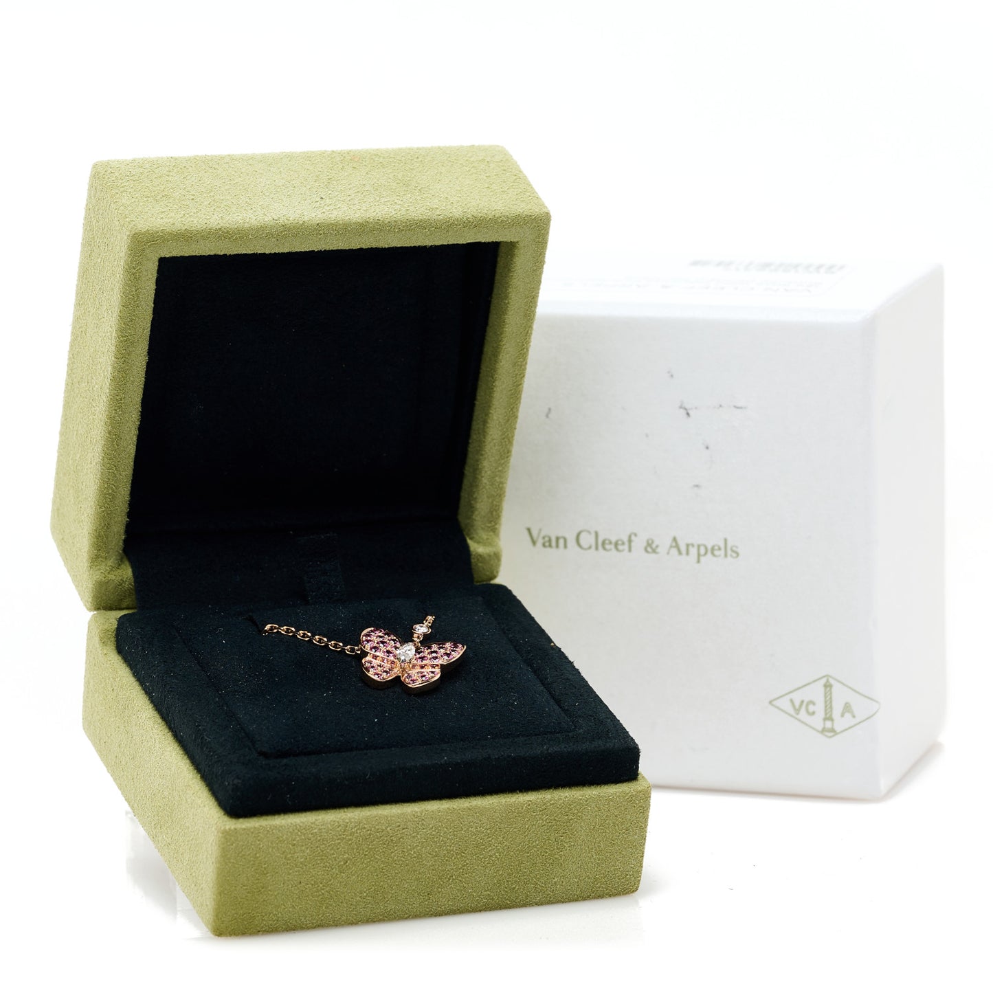 18K Rose Gold Diamond Pink Sapphire Two Butterfly Pendant Necklace