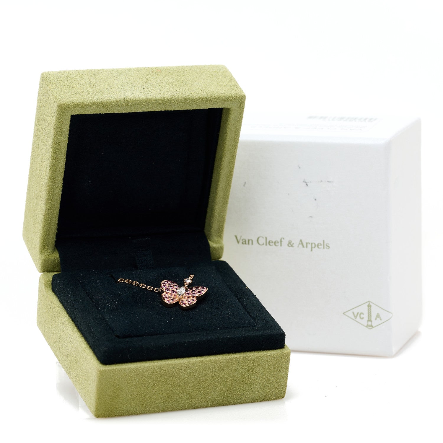 Van Cleef & Arpels 18K Rose Gold Diamond Pink Sapphire Two Butterfly Pendant Necklace 6 of 6