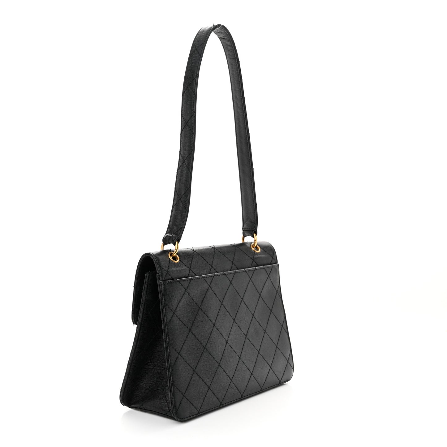 Caviar Diamond Stitched Flap Shoulder Bag Black