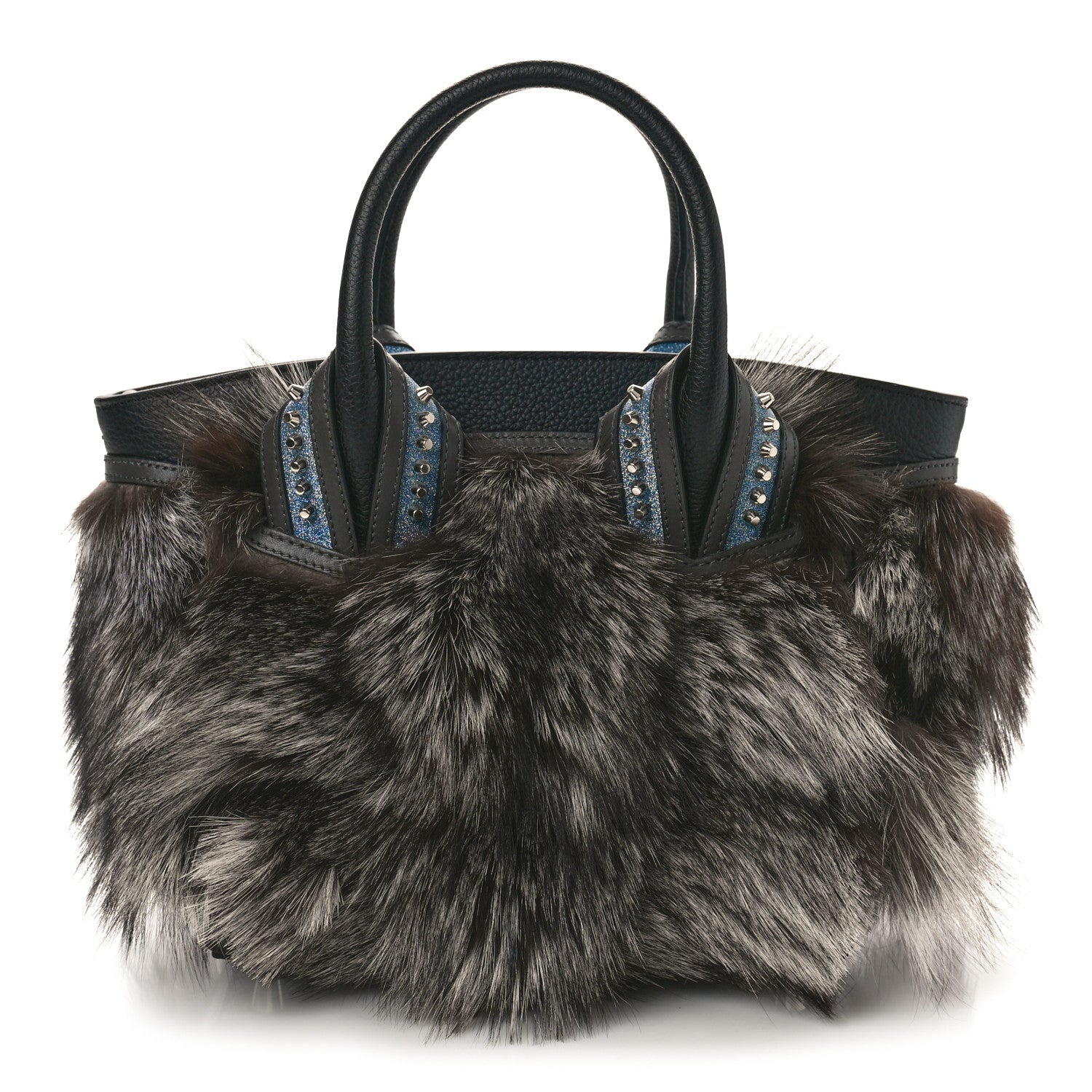 Christian Louboutin Calfskin Empire Fox Fur Small Eloise Tote Silver Black 1 of 9