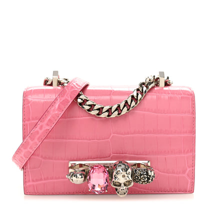 Alexander McQueen Calfskin Crocodile Embossed Mini Jeweled Knuckle Satchel Pink 1 of 14
