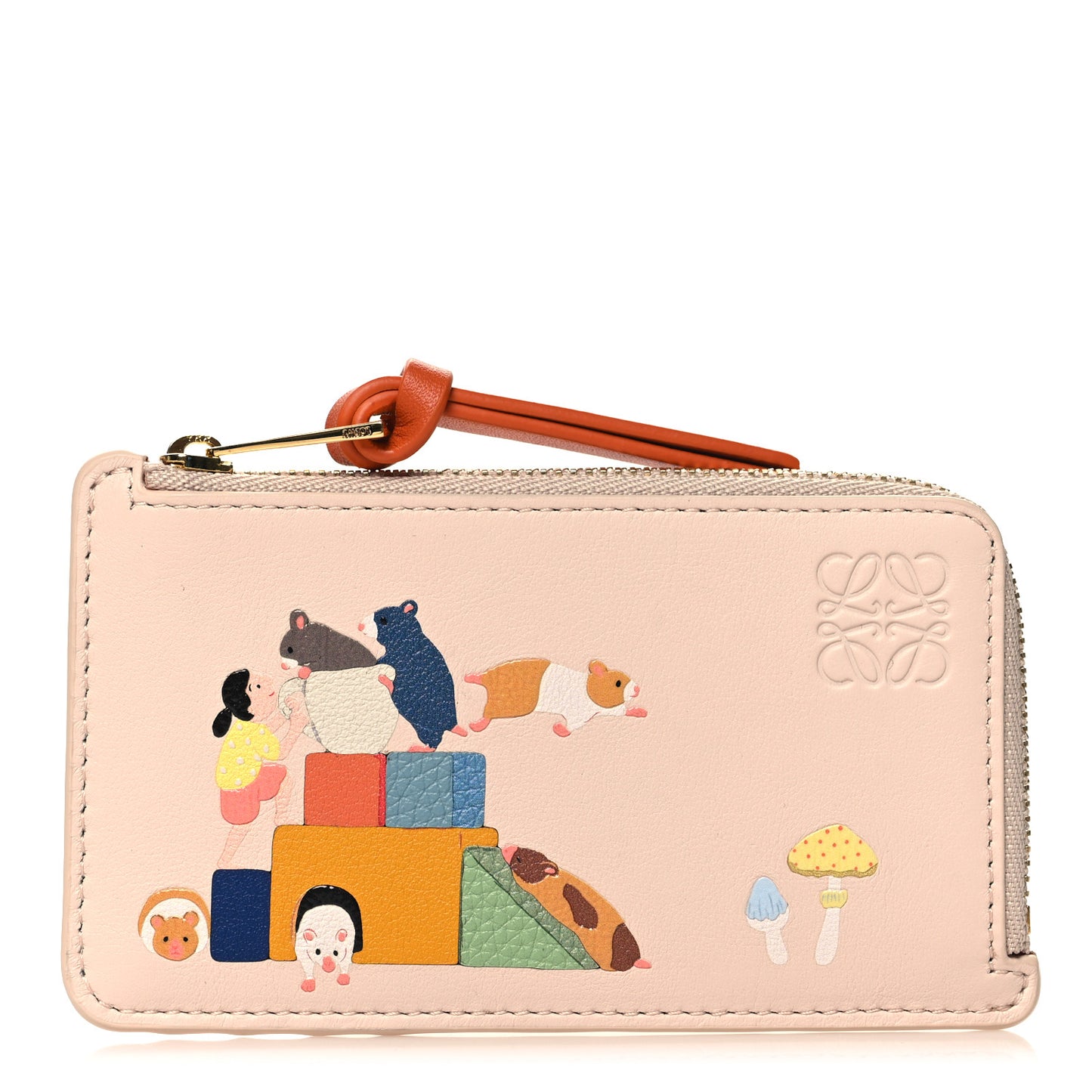 X SUNA FUJITA Satin Calfskin Hamster Zipped Card Coin Holder Talc