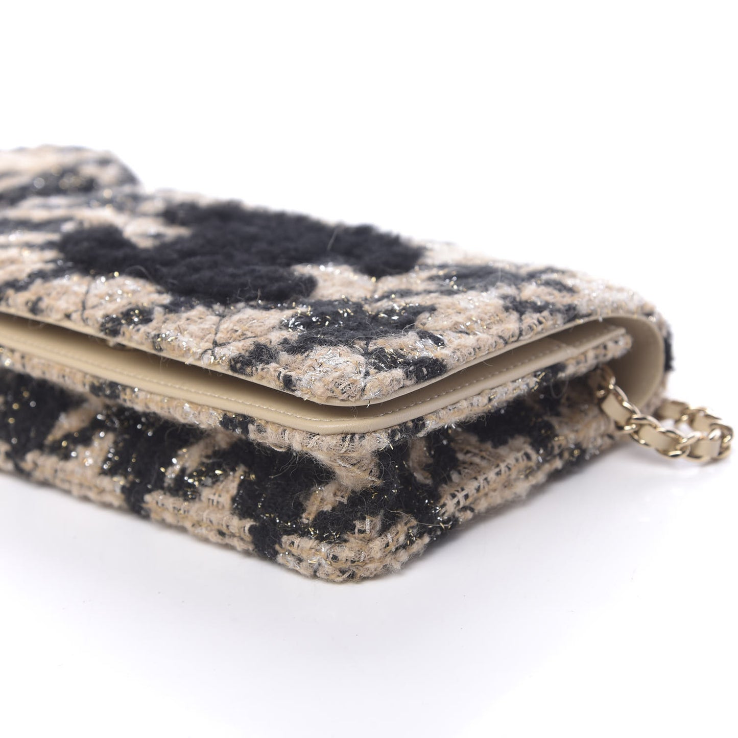 Tweed Shearling Quilted Wallet On Chain WOC and Coin Purse Beige Black