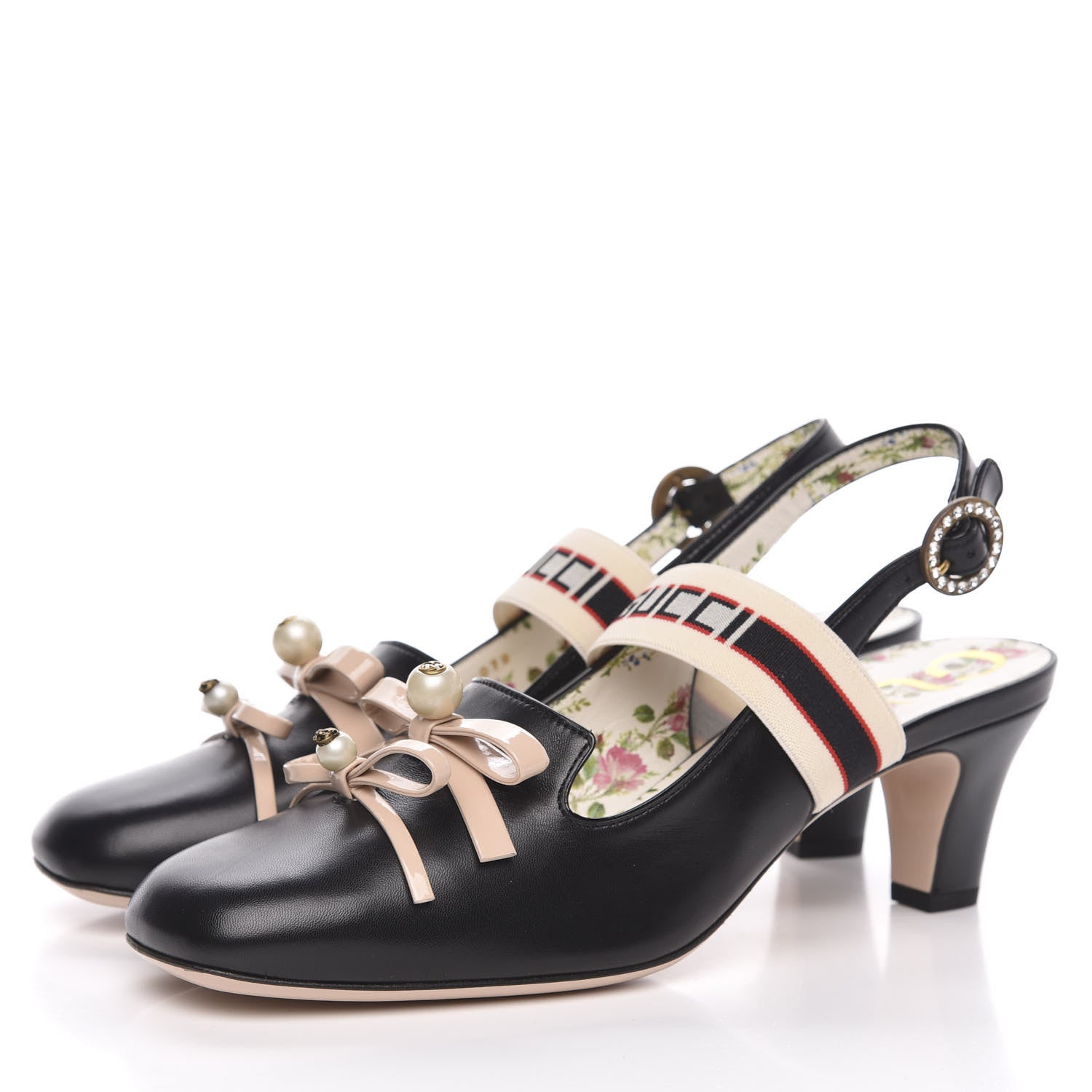 Gucci Malaga Kid Bow Ace Stripe Mid Heel Slingback Pumps 40 Black 3 of 10