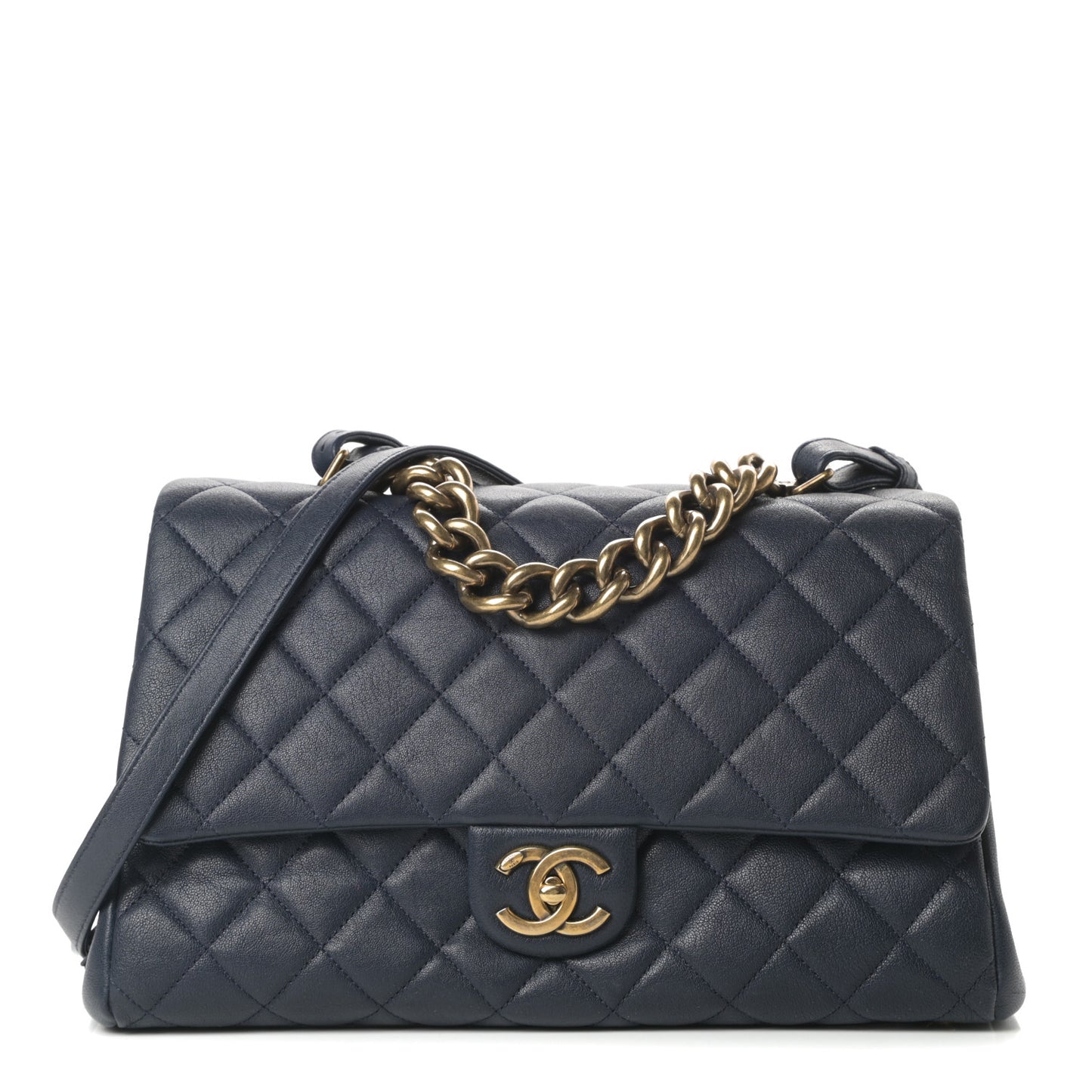 Shiny Sheepskin Quilted Large Trapezio Flap Navy