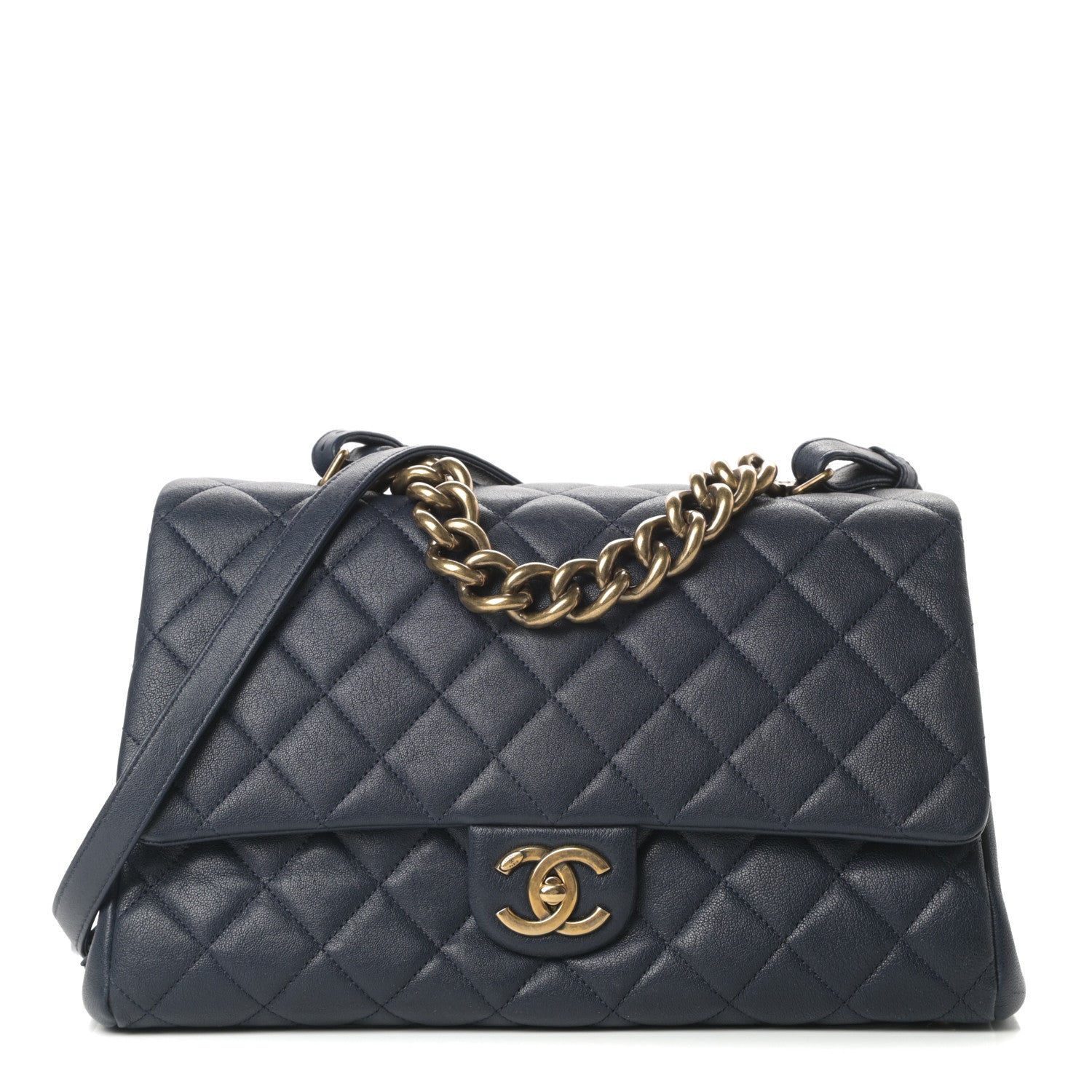 Chanel Shiny Sheepskin Quilted Large Trapezio Flap Navy 1 of 11