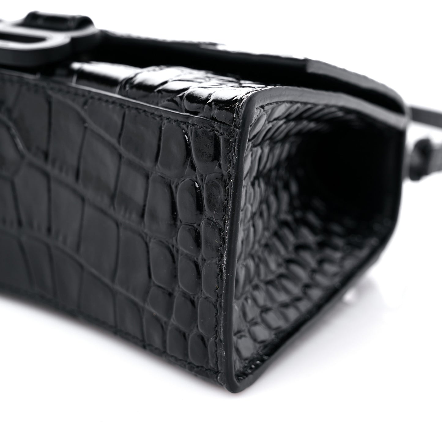 Shiny Calfskin Monochrome Crocodile Embossed Hourglass Top Handle Bag XS Black