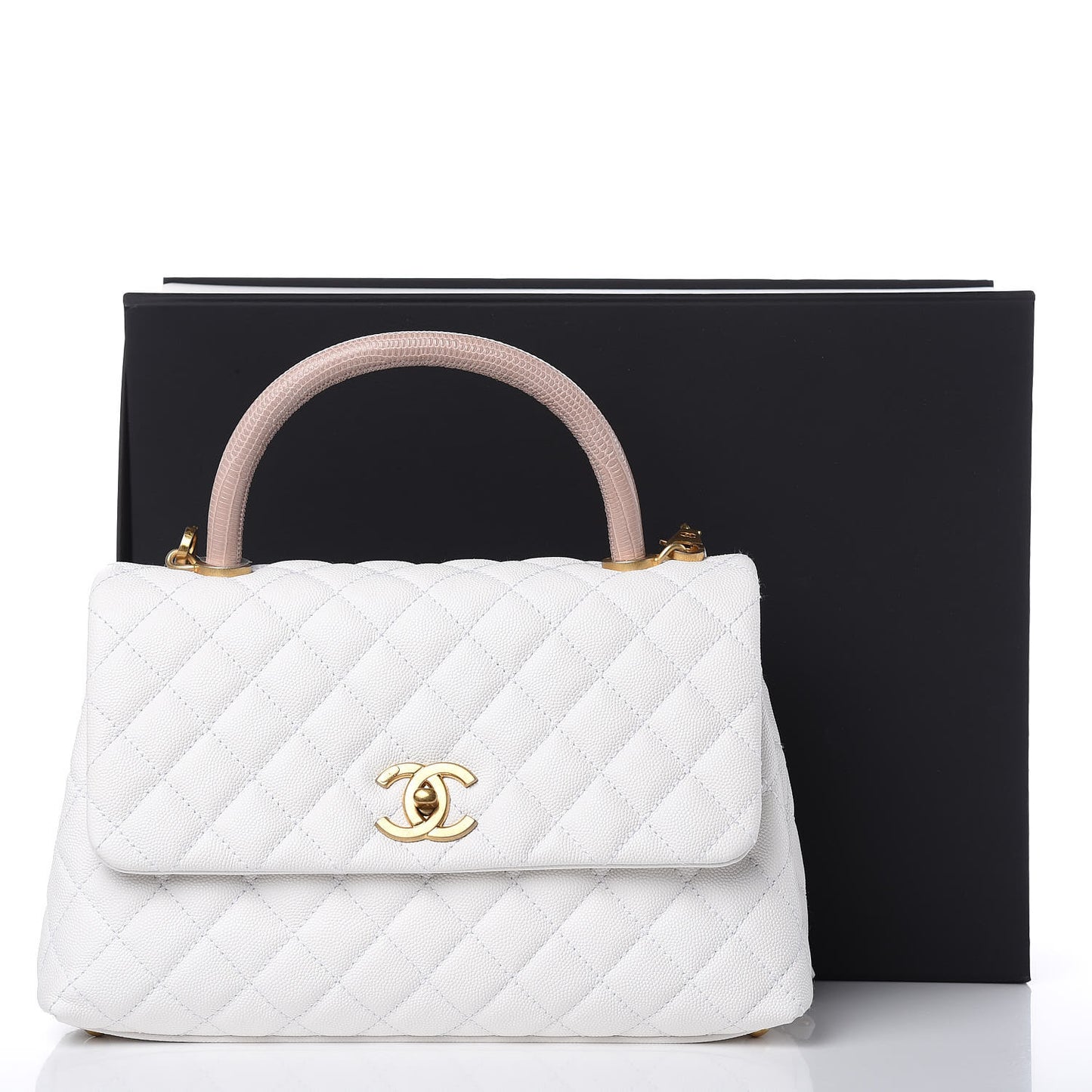 Caviar Lizard Quilted Small Coco Handle Flap White Beige
