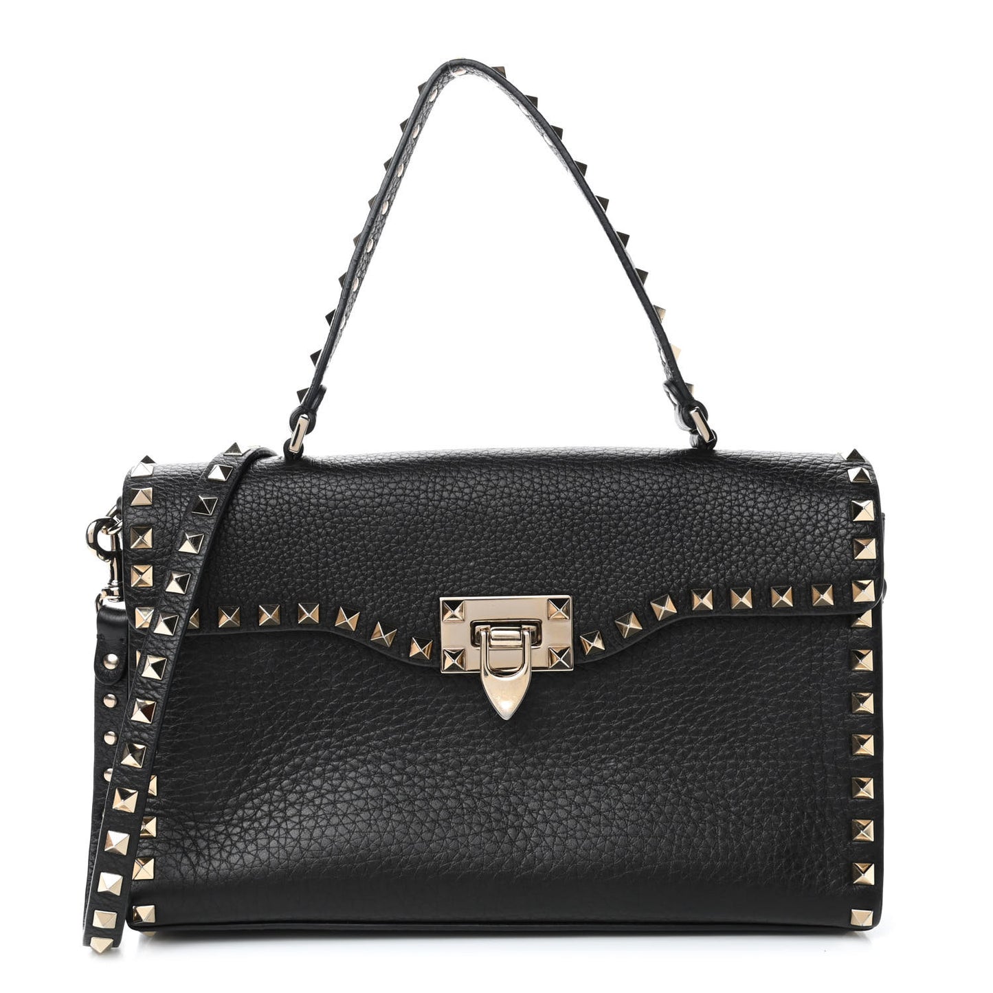 Pebbled Calfskin Small Rockstud Single Handle Flap Bag Black