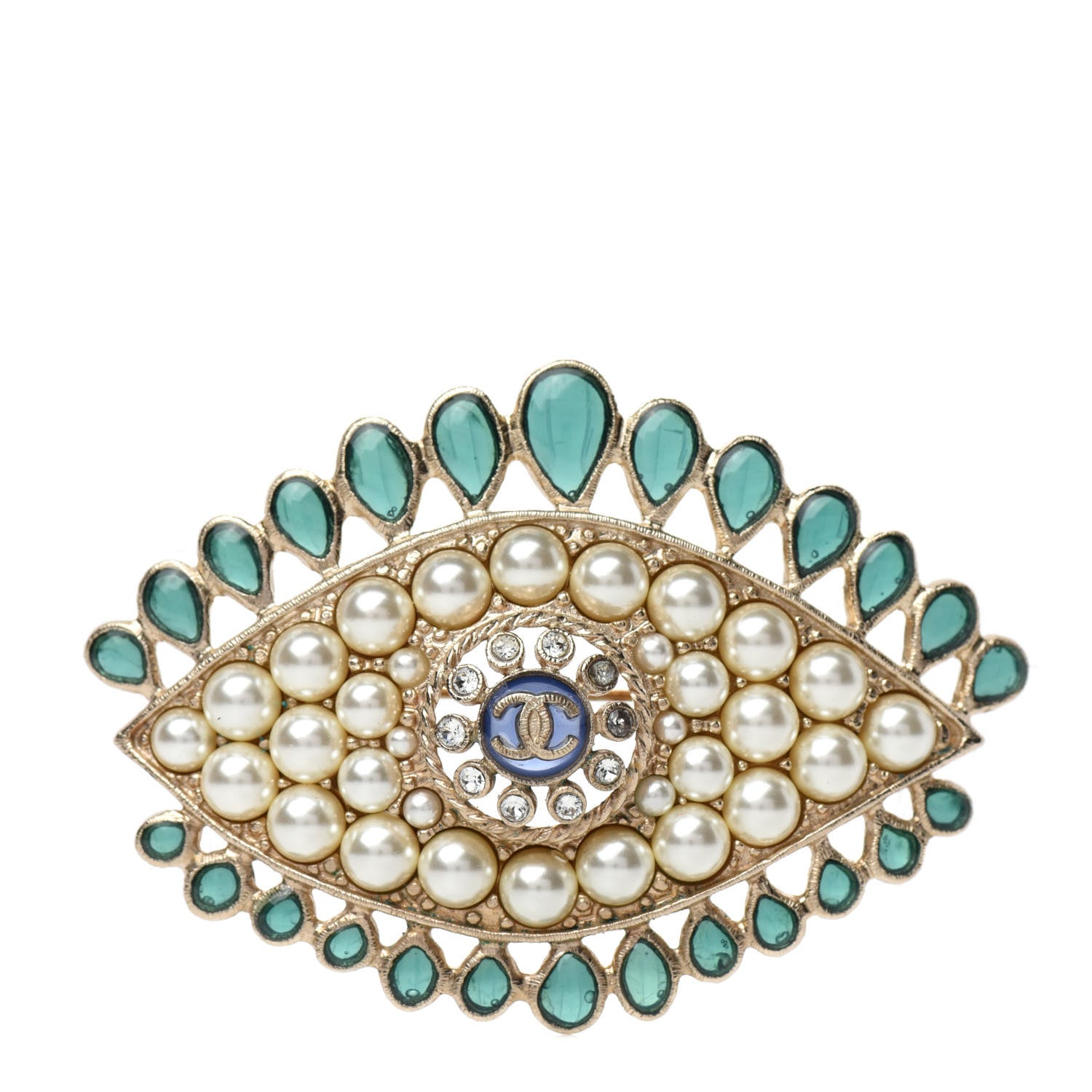 Chanel Resin Crystal Glass Pearl Eye Brooch Gold Pearly White Green 1 of 5