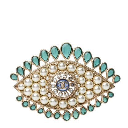 Chanel Resin Crystal Glass Pearl Eye Brooch Gold Pearly White Green 1 of 5