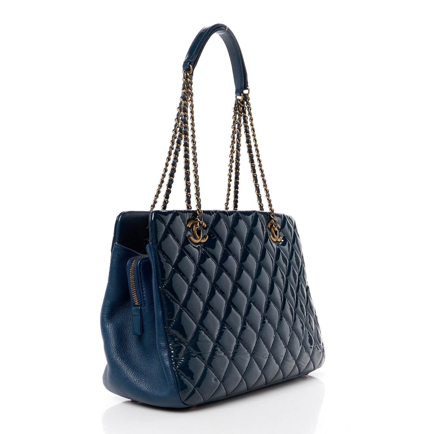 Chanel Patent Goatskin Quilted Small CC Eyelet Tote Blue 3 of 15