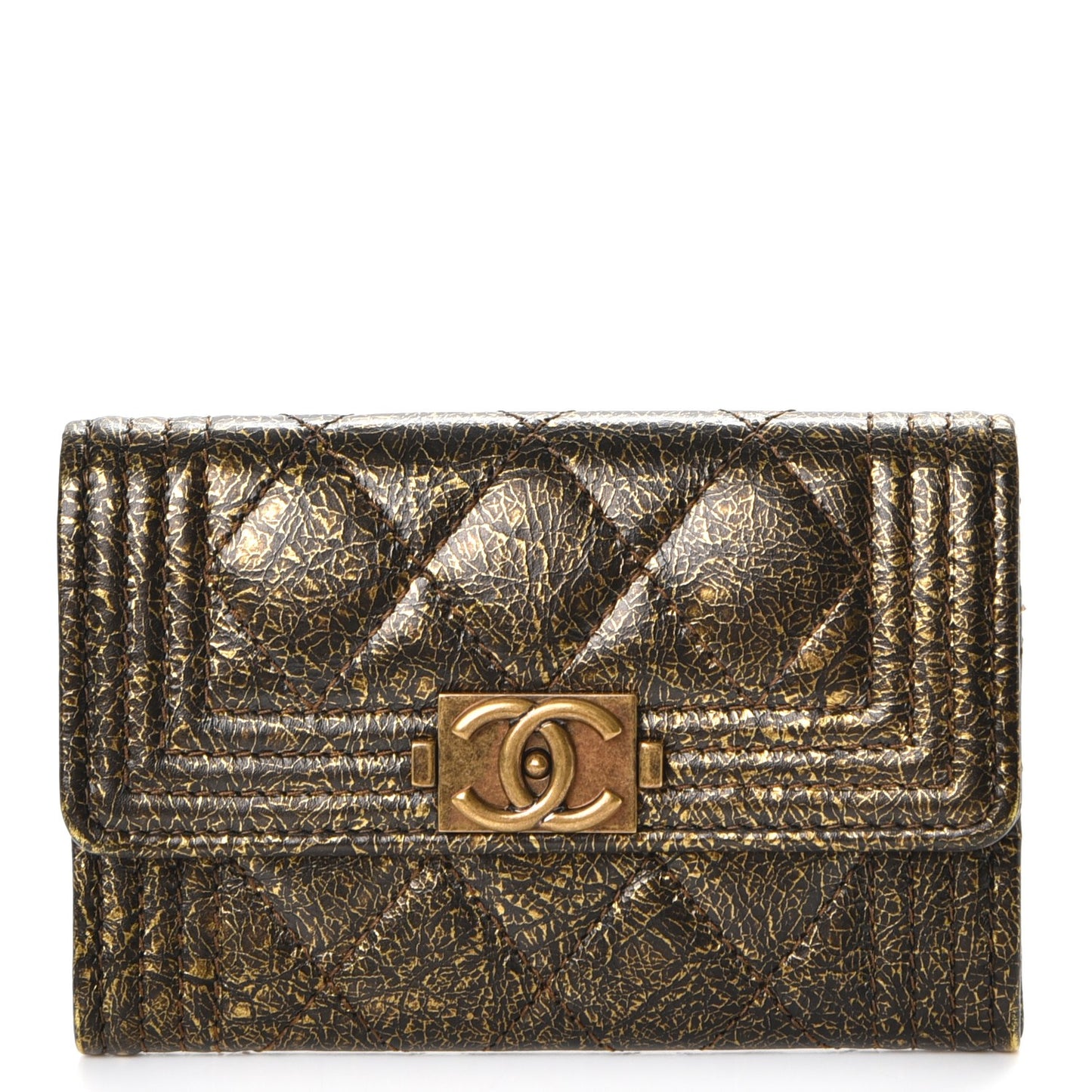 Cracked Metallic Calfskin Quilted Boy Card Holder Gold