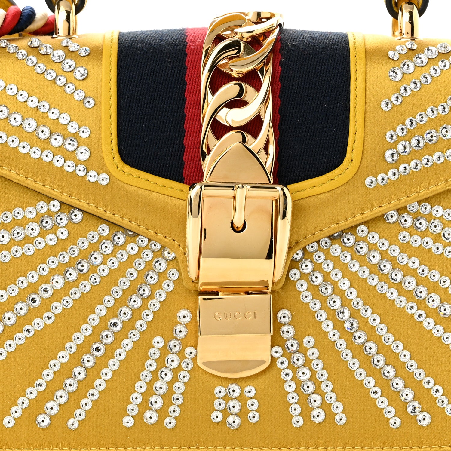 Gucci Satin Crystal Mini Sylvie Top Handle Bag Yellow 8 of 10