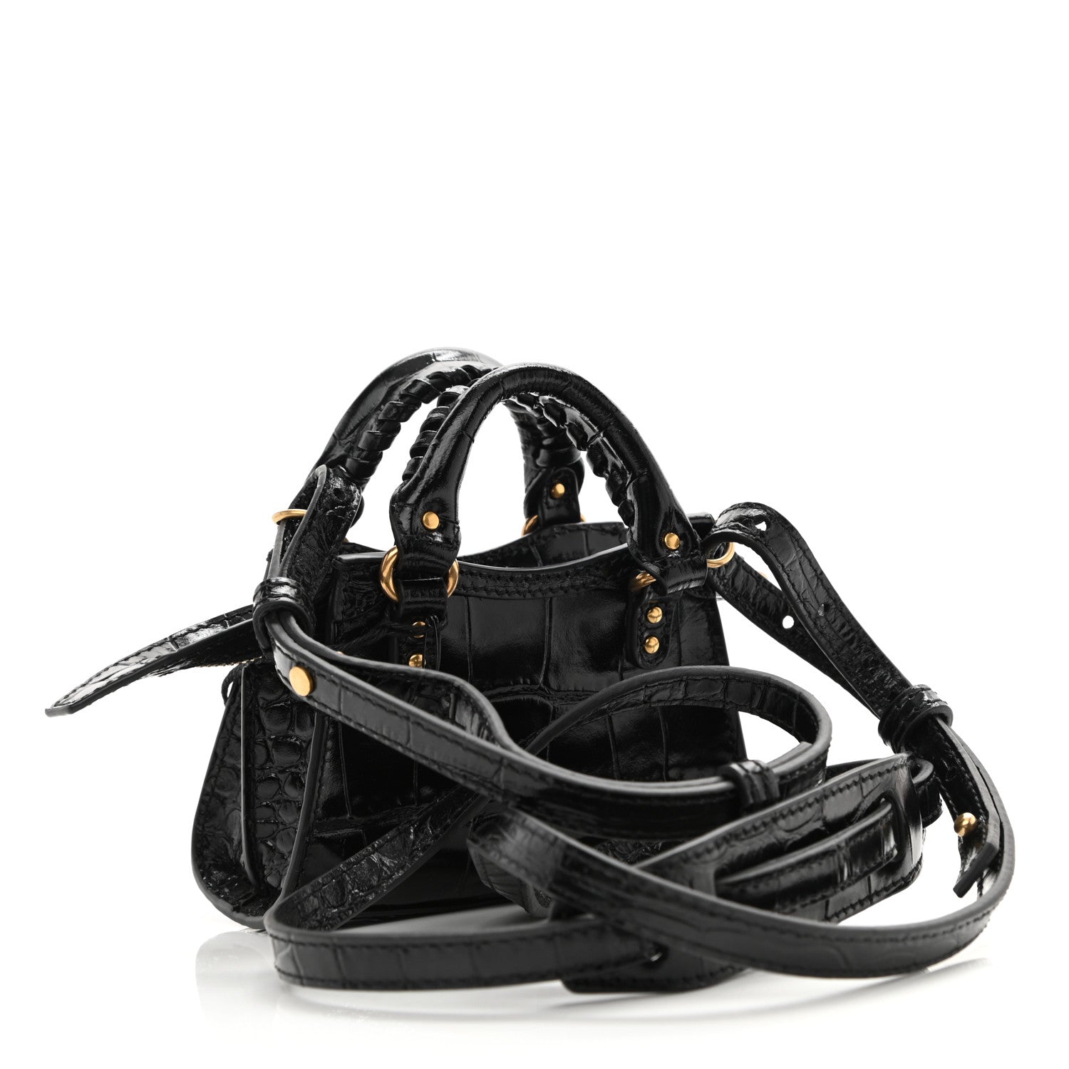 Balenciaga Shiny Supple Calfskin Crocodile Embossed Neo Classic Gold Hardware Super Nano City Crossbody Black 3 of 7