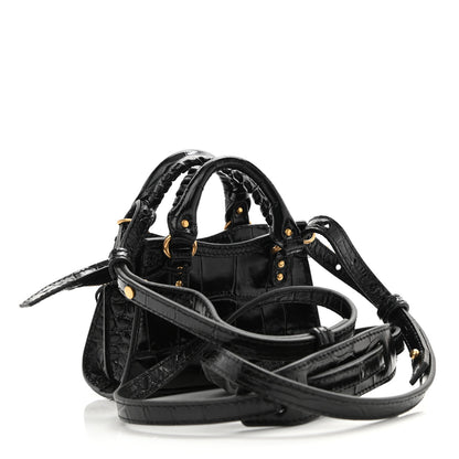 Balenciaga Shiny Supple Calfskin Crocodile Embossed Neo Classic Gold Hardware Super Nano City Crossbody Black 3 of 7