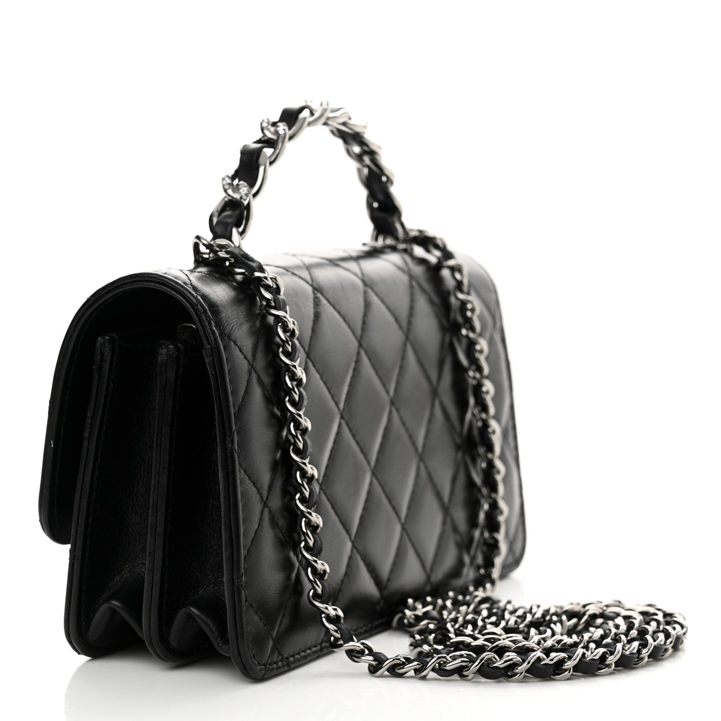 Shiny Crumpled Calfskin Strass Quilted Top Handle Clutch With Chain Black