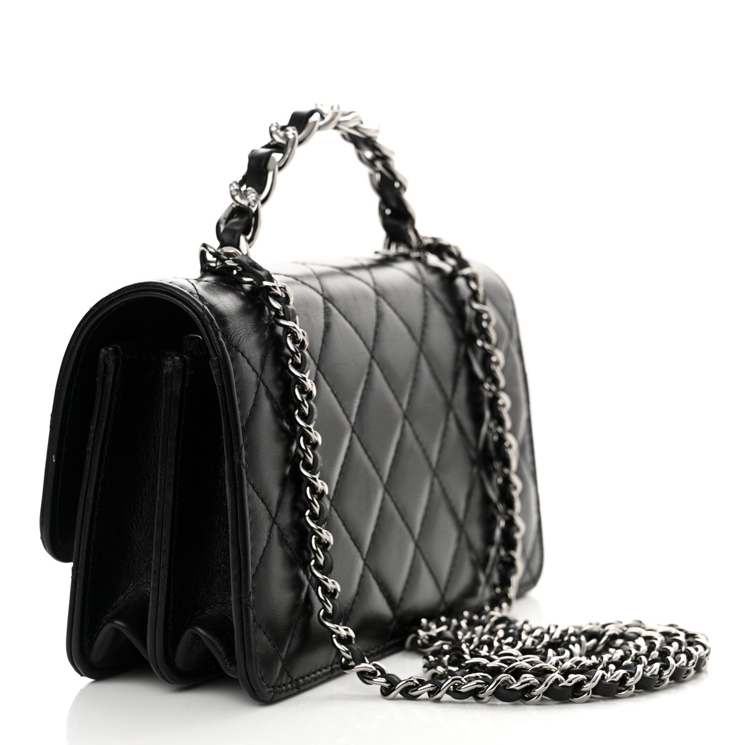 Chanel Shiny Crumpled Calfskin Strass Quilted Top Handle Clutch With Chain Black 3 of 12