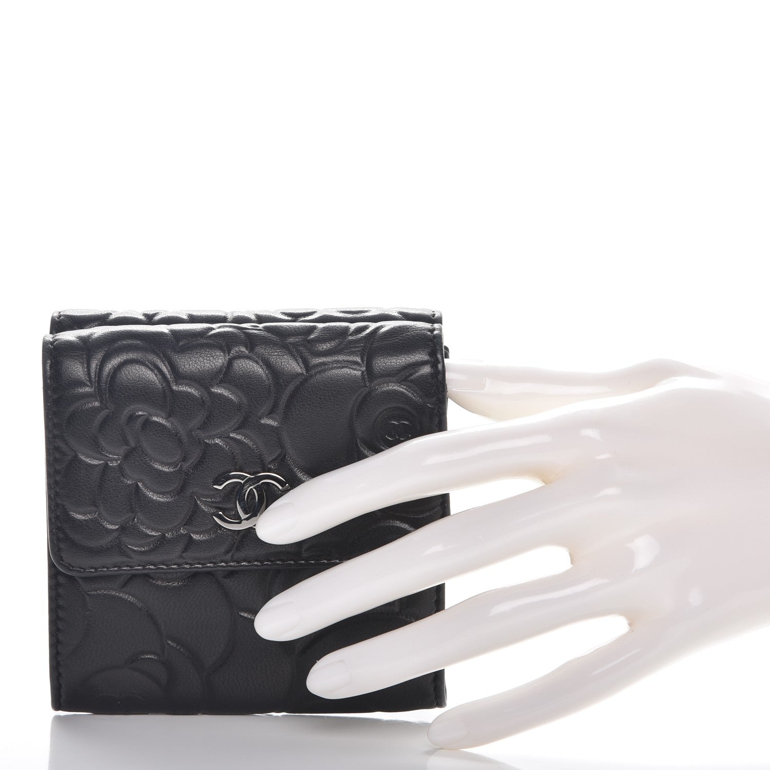 Chanel Lambskin Camellia Embossed Small Double Wallet Black 2 of 9