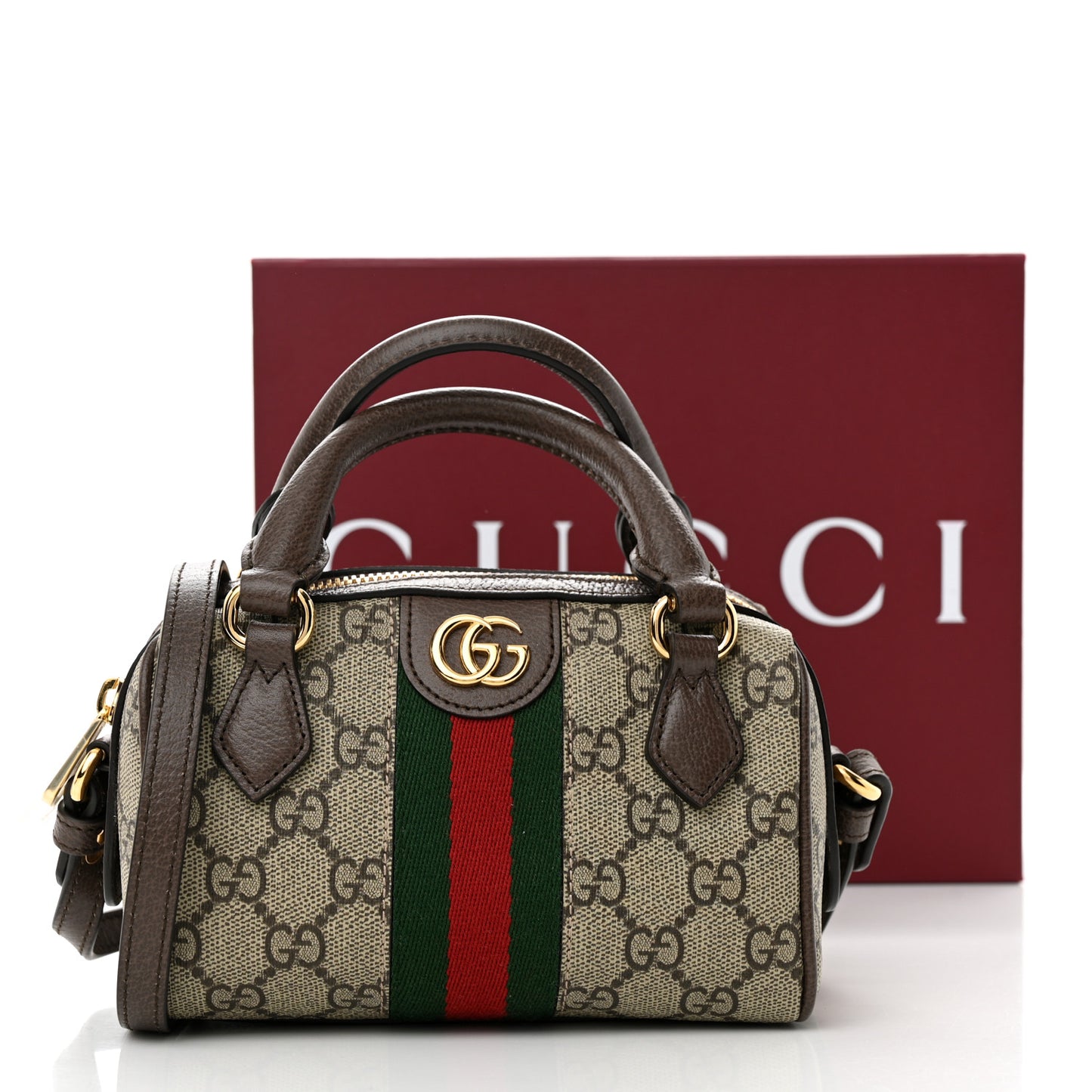 GG Supreme Monogram Textured Dollar Calfskin Web Super Mini Ophidia Top Handle Bowler Bag Beige Ebony New Acero
