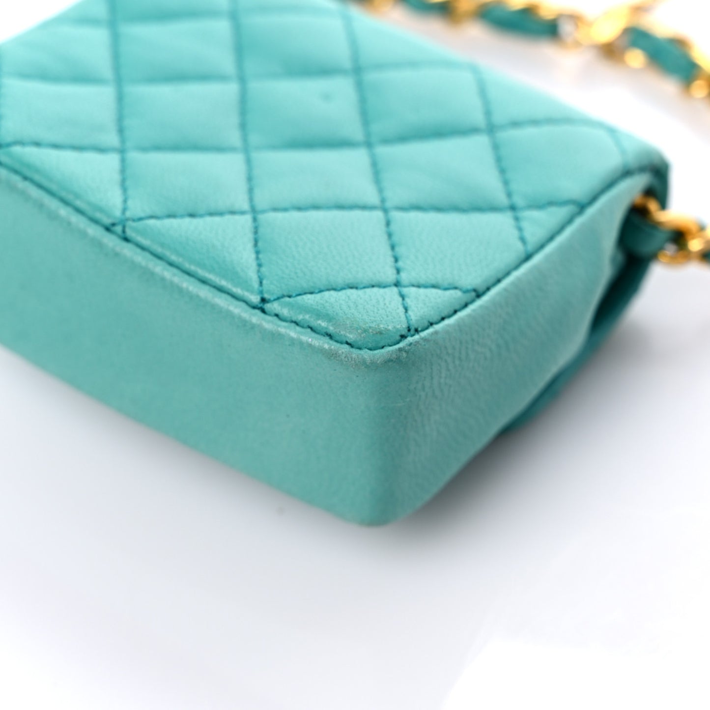 Lambskin Quilted Mini Pouch Bag Charm Keychain Turquoise