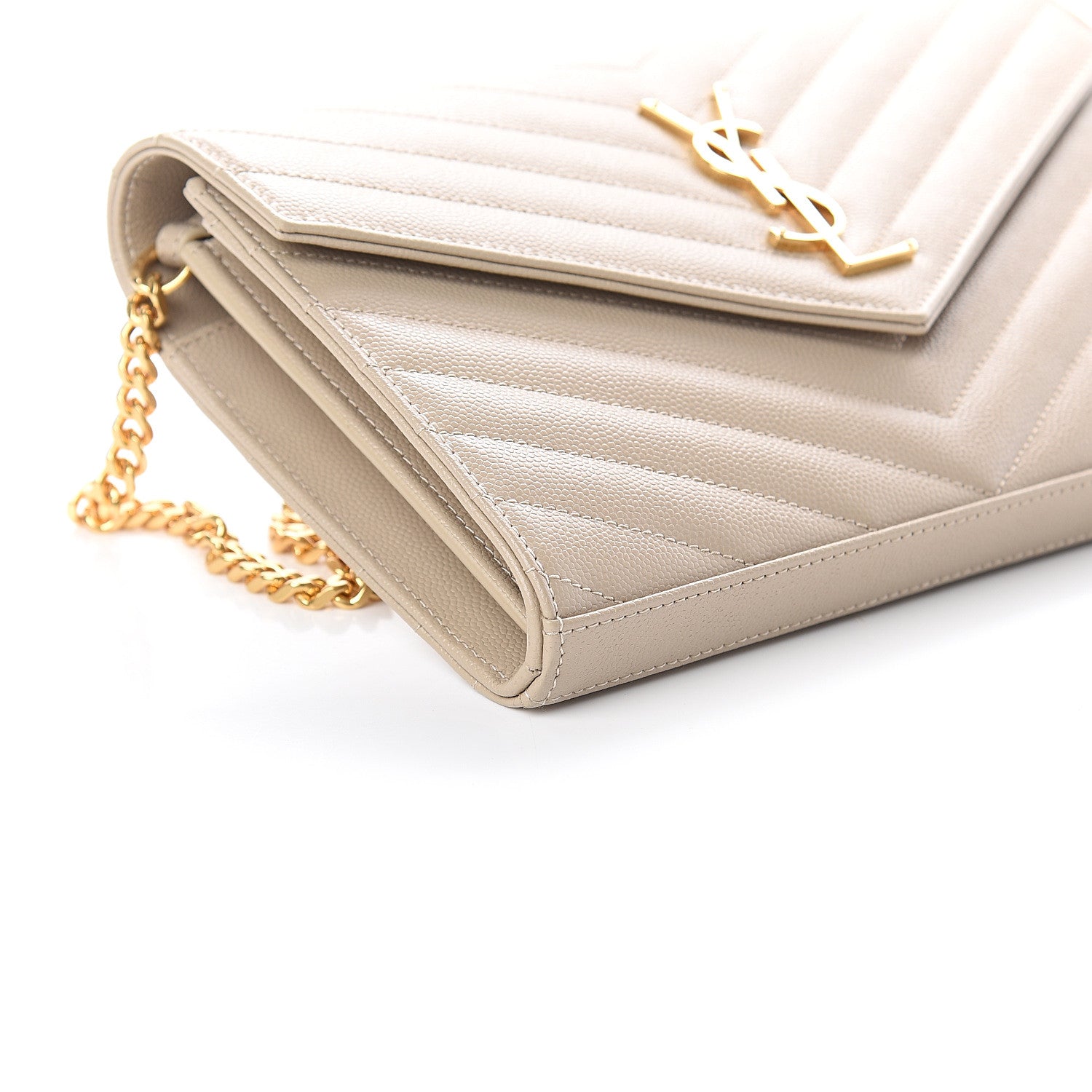 Saint Laurent Grain De Poudre Matelasse Monogram Chain Wallet Sea Salt 7 of 8