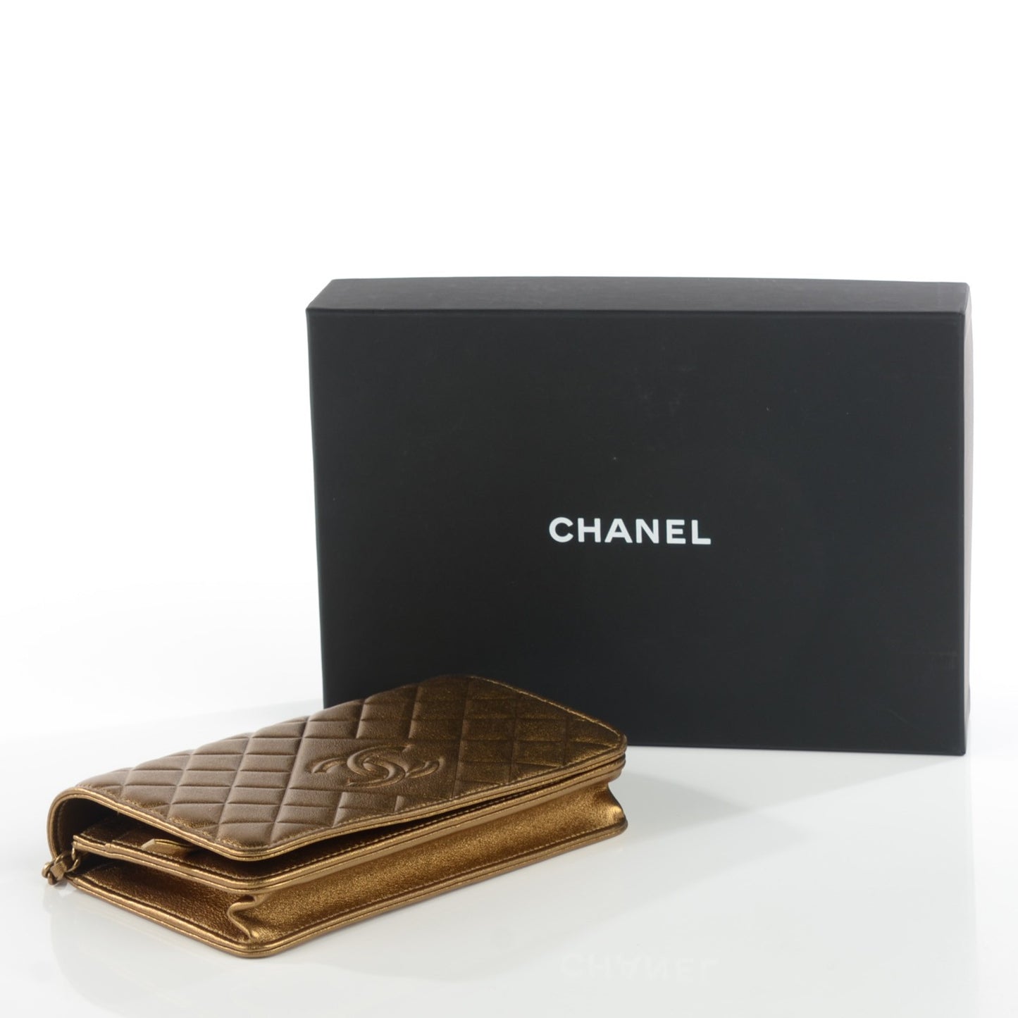 Metallic Lambskin Quilted Diamond CC Wallet On Chain WOC Bronze