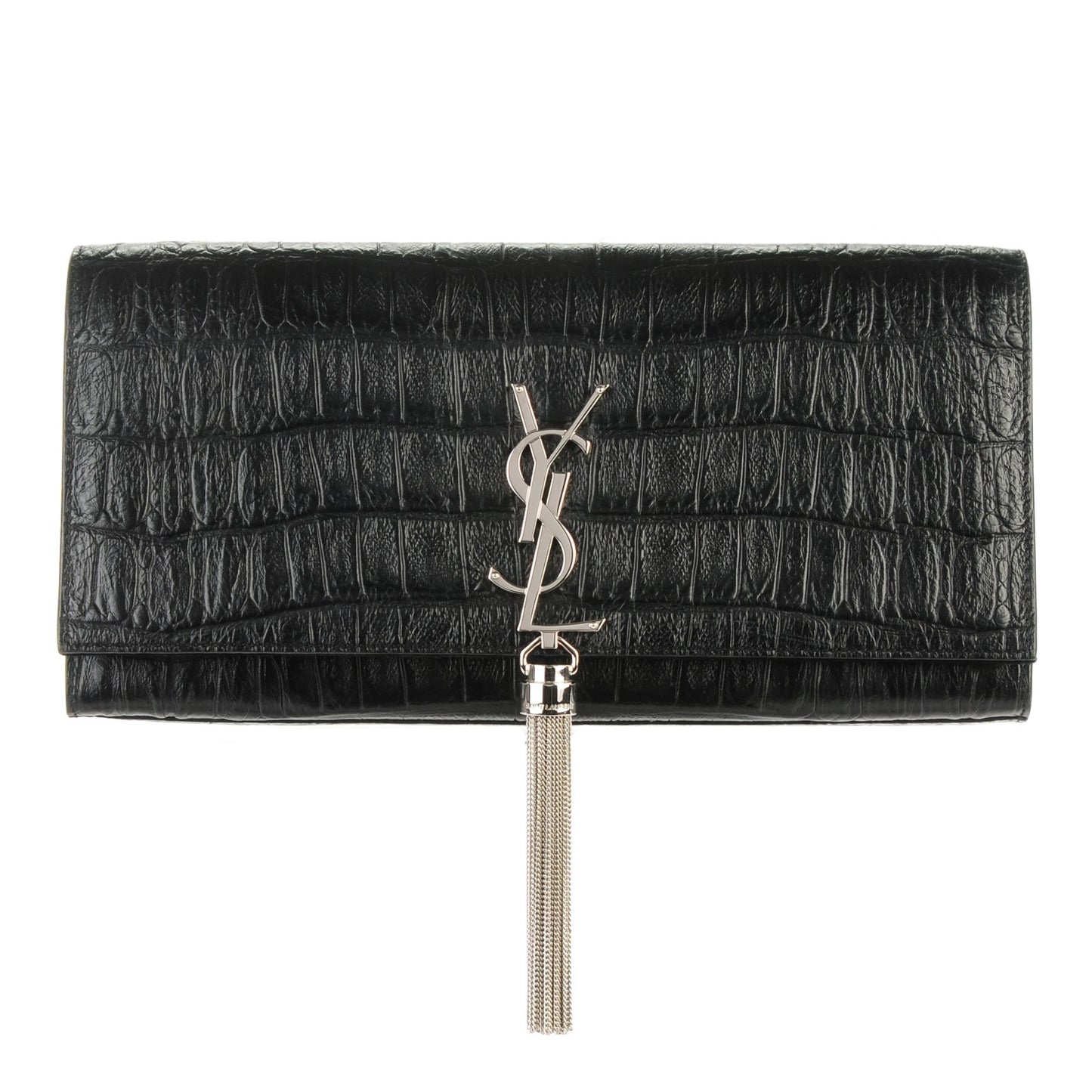 Calfskin Crocodile Embossed Classic Monogram Tassel Clutch Black