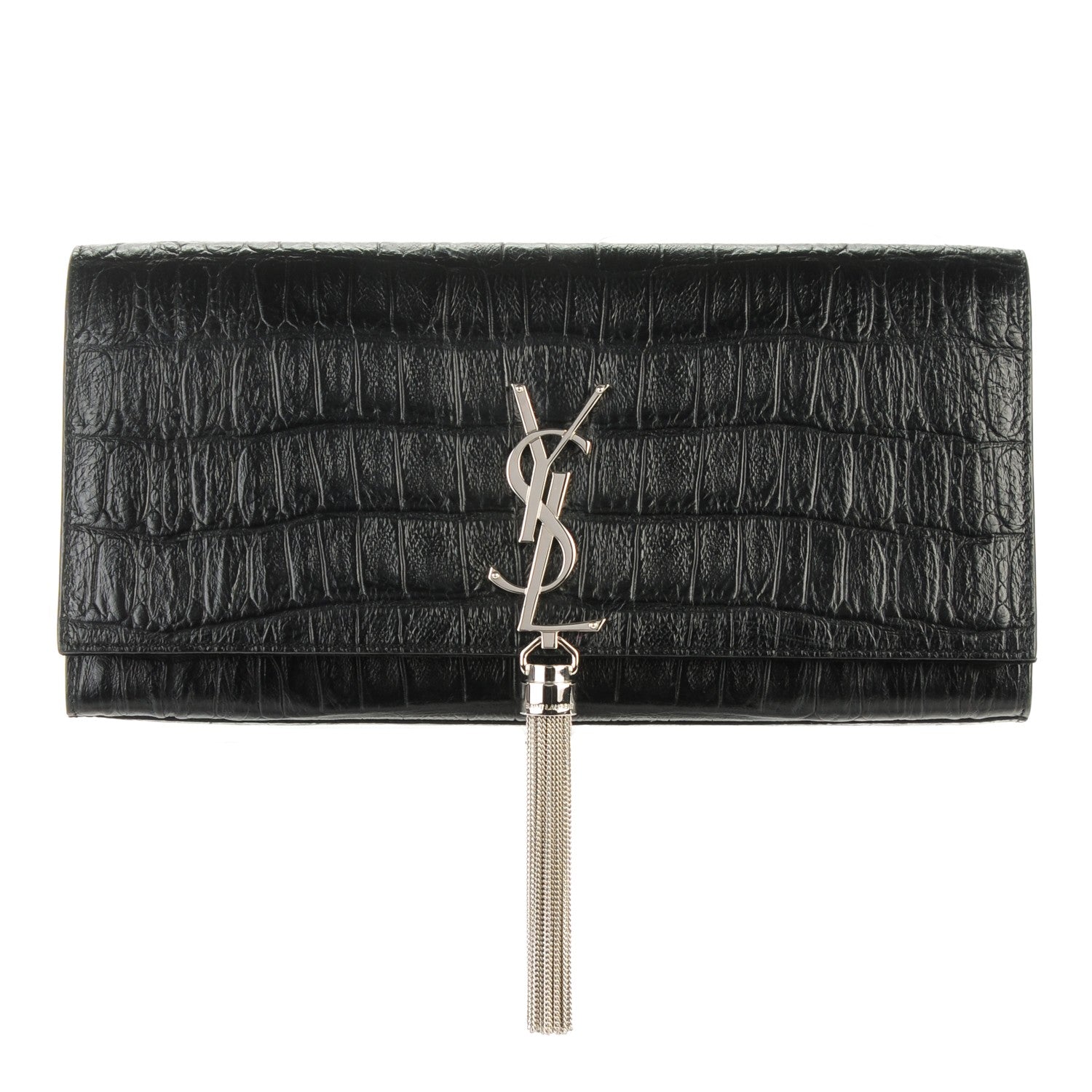 Saint Laurent Calfskin Crocodile Embossed Classic Monogram Tassel Clutch Black 1 of 7