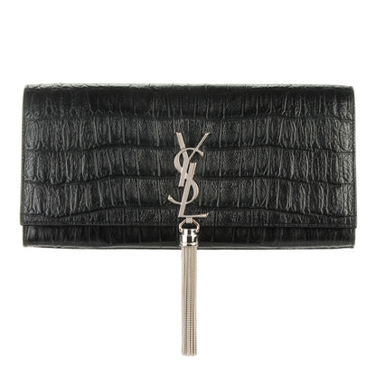Saint Laurent Calfskin Crocodile Embossed Classic Monogram Tassel Clutch Black 1 of 7