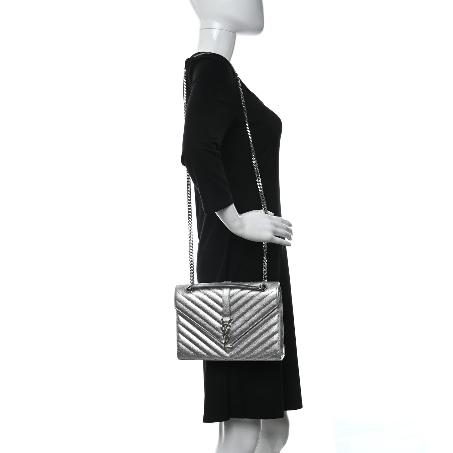 Metallic Grain De Poudre Matelasse Chevron Medium Monogram Satchel Silver