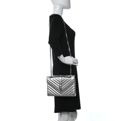 Saint Laurent Metallic Grain De Poudre Matelasse Chevron Medium Monogram Satchel Silver 2 of 12