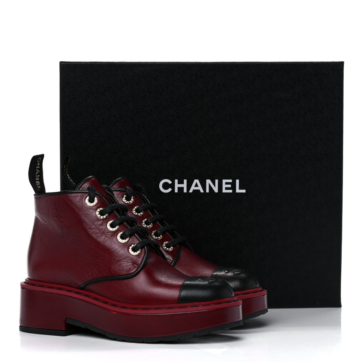 Chanel Shiny Calfskin Pearl Lace Up Combat Short Boots 35 Burgundy Black 13 of 13