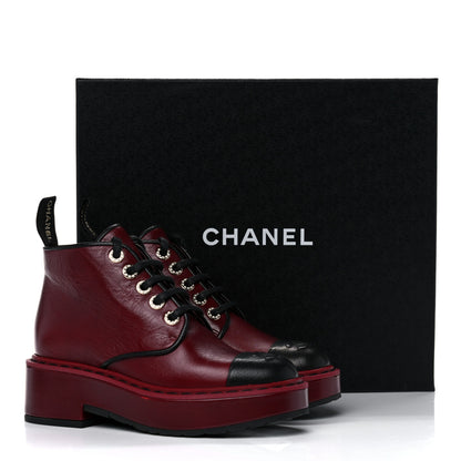 Chanel Shiny Calfskin Pearl Lace Up Combat Short Boots 35 Burgundy Black 13 of 13